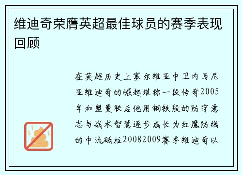 维迪奇荣膺英超最佳球员的赛季表现回顾
